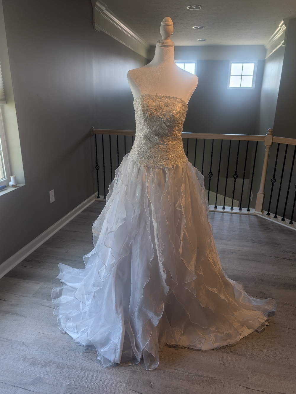 Strapless Beaded Lace Mermaid Wedding Dress with Organza Ruffle Train